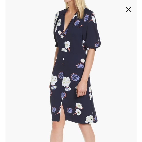 Lewit Size 6 Navy Blue Floral Dress Puff Sleeves Sheath Lined Split Hem - Picture 1 of 12
